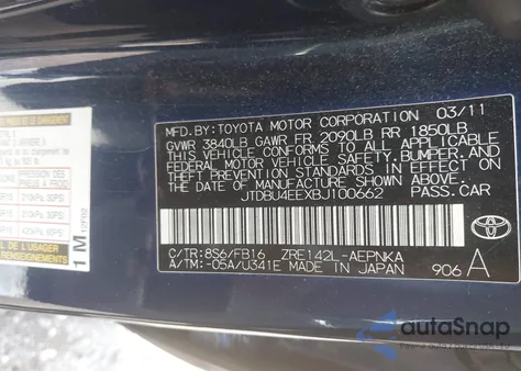 2011 Toyota Corolla Le from USA, damaged, VIN JTDBU4EEXBJ100662